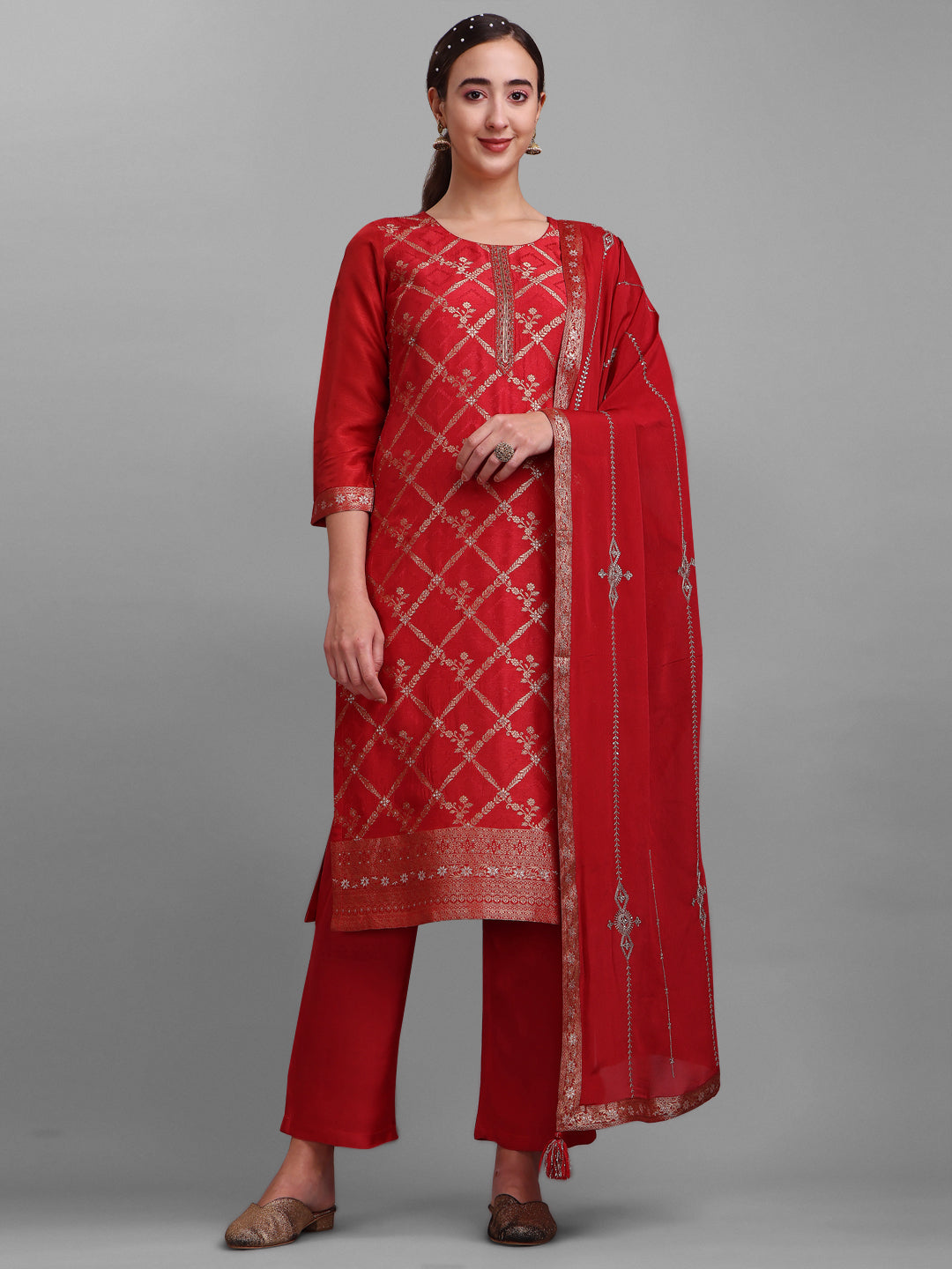 Red Jacquard Kurta Suit Set Product vendor