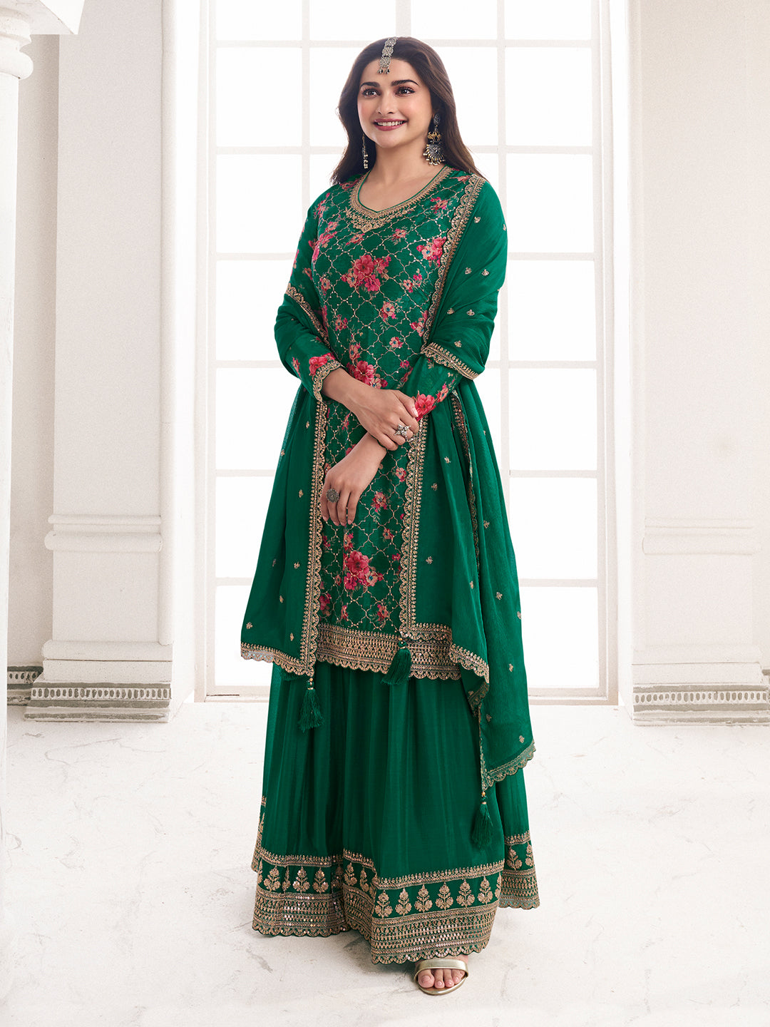 Green Digital Floral Printed Embroidered Sharara Suit Set Product vendor