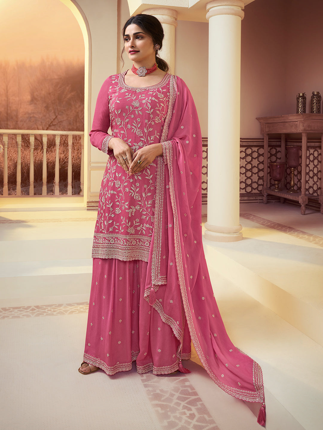 Deep Rose Floral Pattern, Thread & Sequins Embroidered Sharara Suit Set Product vendor