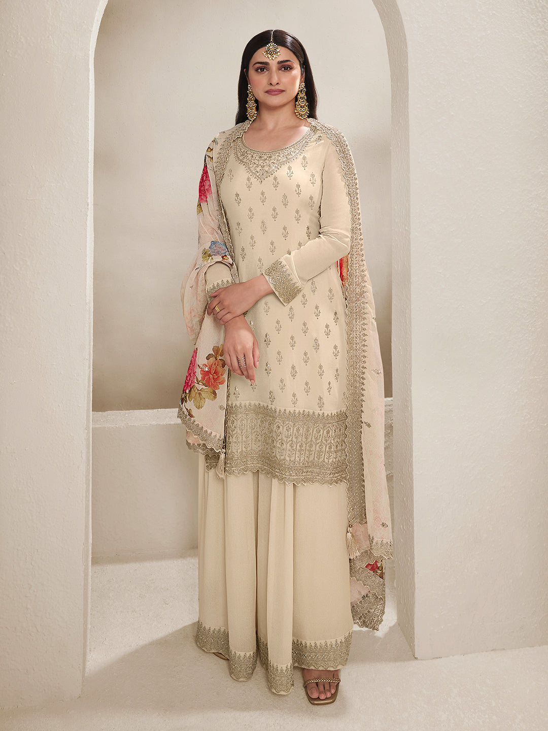 Off-white Butti Floral pattern Sequins Embroidered Sharara Suit Set Product vendor