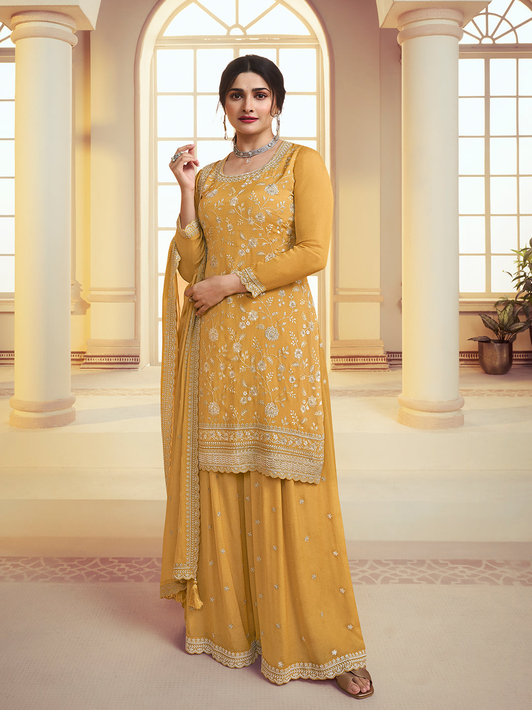 Yellow Floral Pattern, Thread & Sequins Embroidered Sharara Suit Set Product vendor