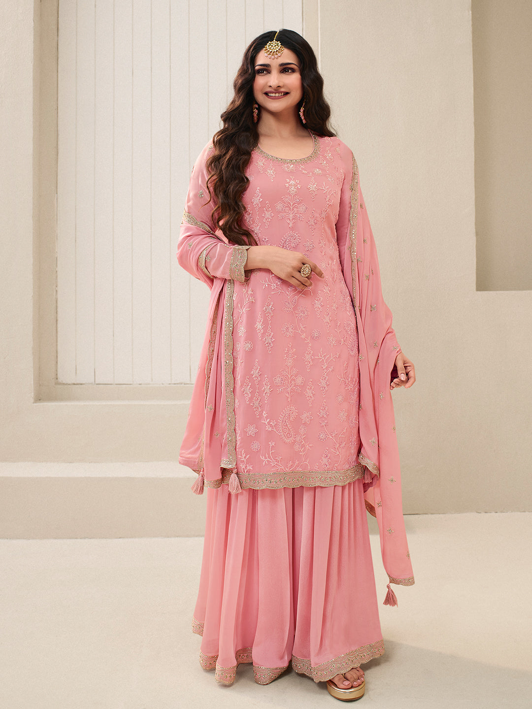 Peach Pink Floral Pattern, Thread with Sequins & Zari Embroidered Sharara Suit Set Product vendor