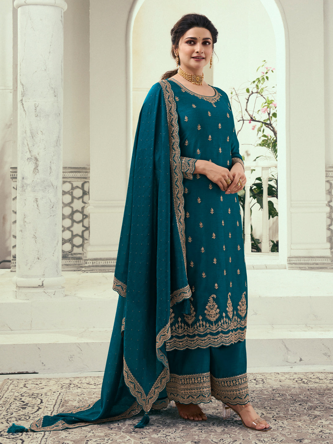 Dark Teal Blue Designer Top Adorned with Exquisite Embroidered Palazzo Suit Set Product vendor