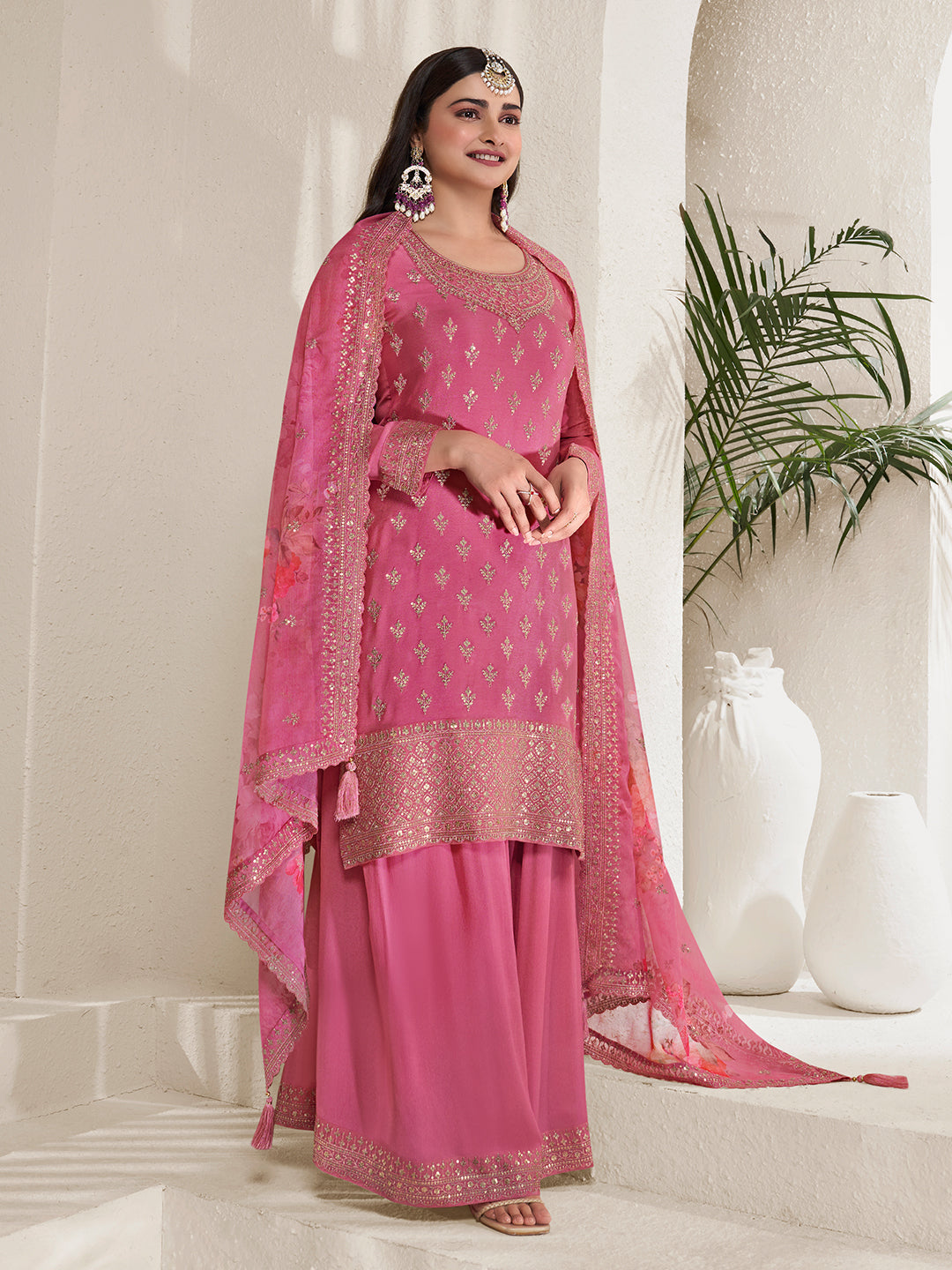 Pink Butti Floral pattern Sequins Embroidered Sharara Suit Set Product vendor