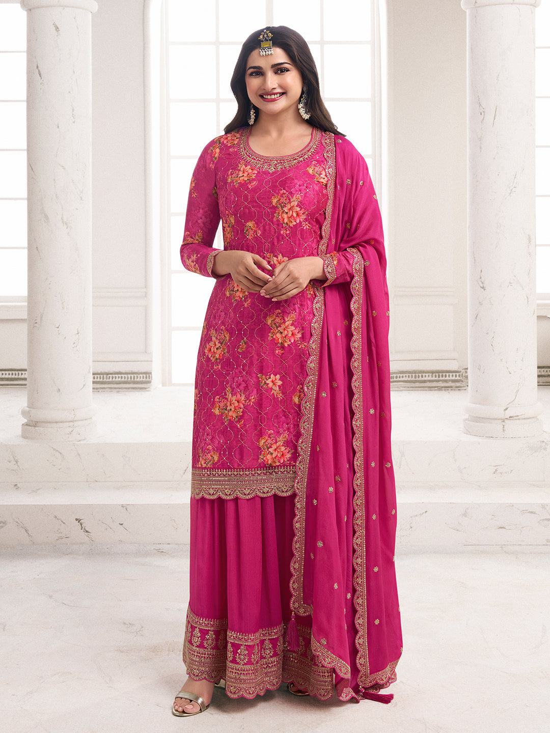 Rani Pink Digital Floral Printed Embroidered Sharara Suit Set Product vendor