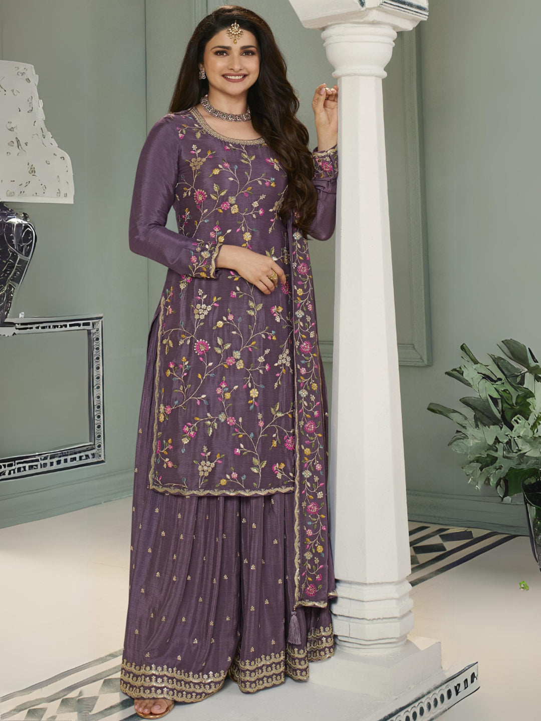 Purple Multi Colour Floral Thread & Embroidered Sharara Suit Set Product vendor