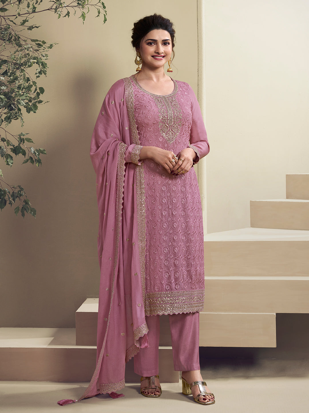 Pink Floral Pattern Schiffli Thread & Sequins Embroidery Kurta Suit Set Product vendor