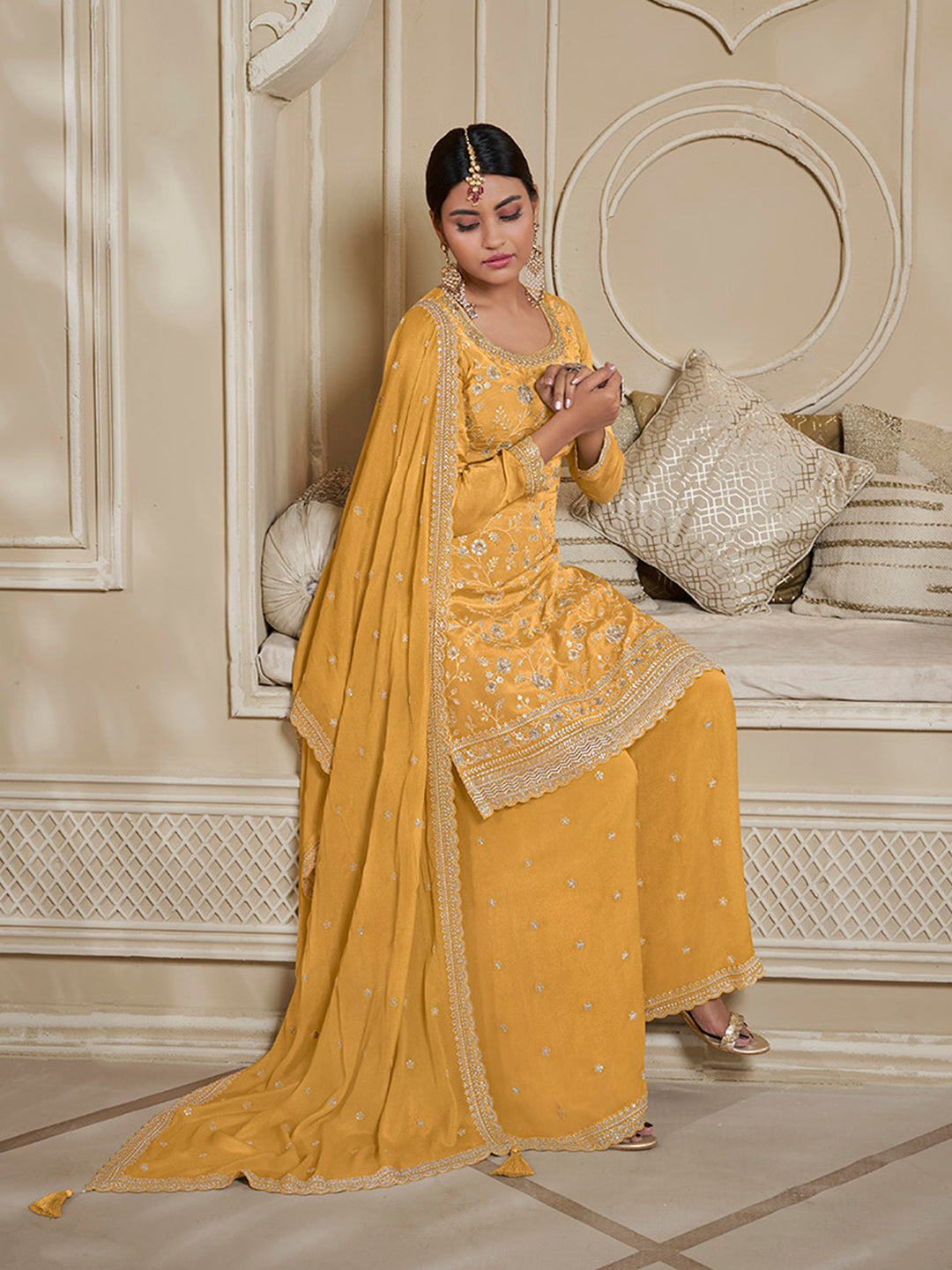 Yellow Floral Pattern, Thread & Sequins Embroidered Sharara Suit Set Product vendor