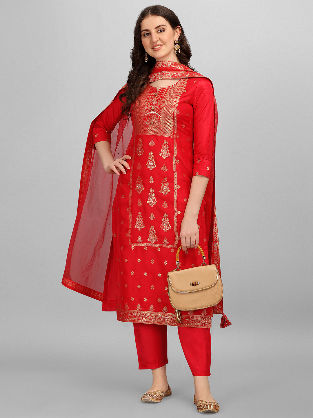 Bright Red Panel Jacquard Kurta Suit Set Product vendor