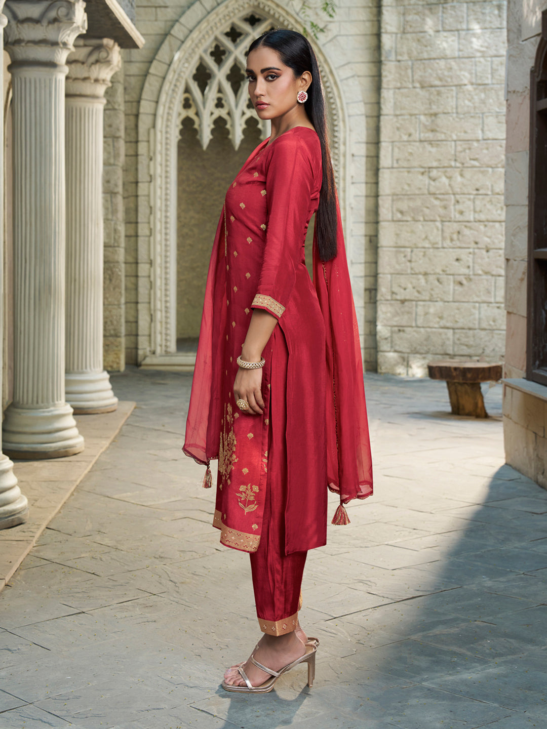Scarlet Red Rose Exquisite Placement-Weaving Kurta Suit Set Product vendor