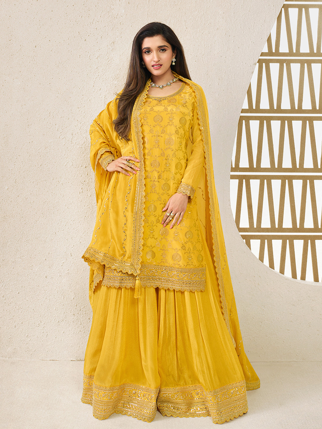 Yellow Jacquard with Embroidery Sharara Suit Set Product vendor