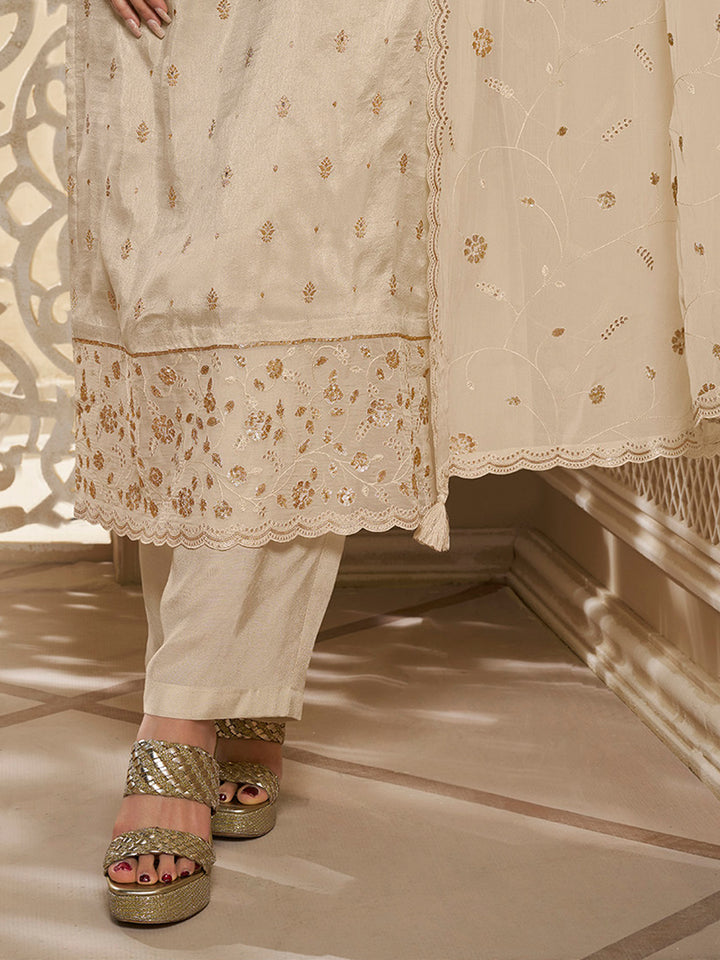 Off White Dola Jacquard Kurta Suit Set with Embroidered with Thread & Sequins Work Product vendor