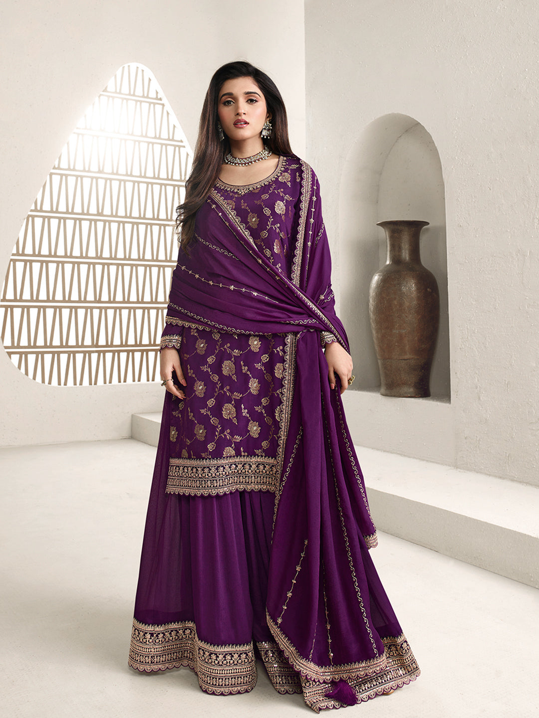 Purple Jacquard with Embroidery Sharara Suit Set Product vendor