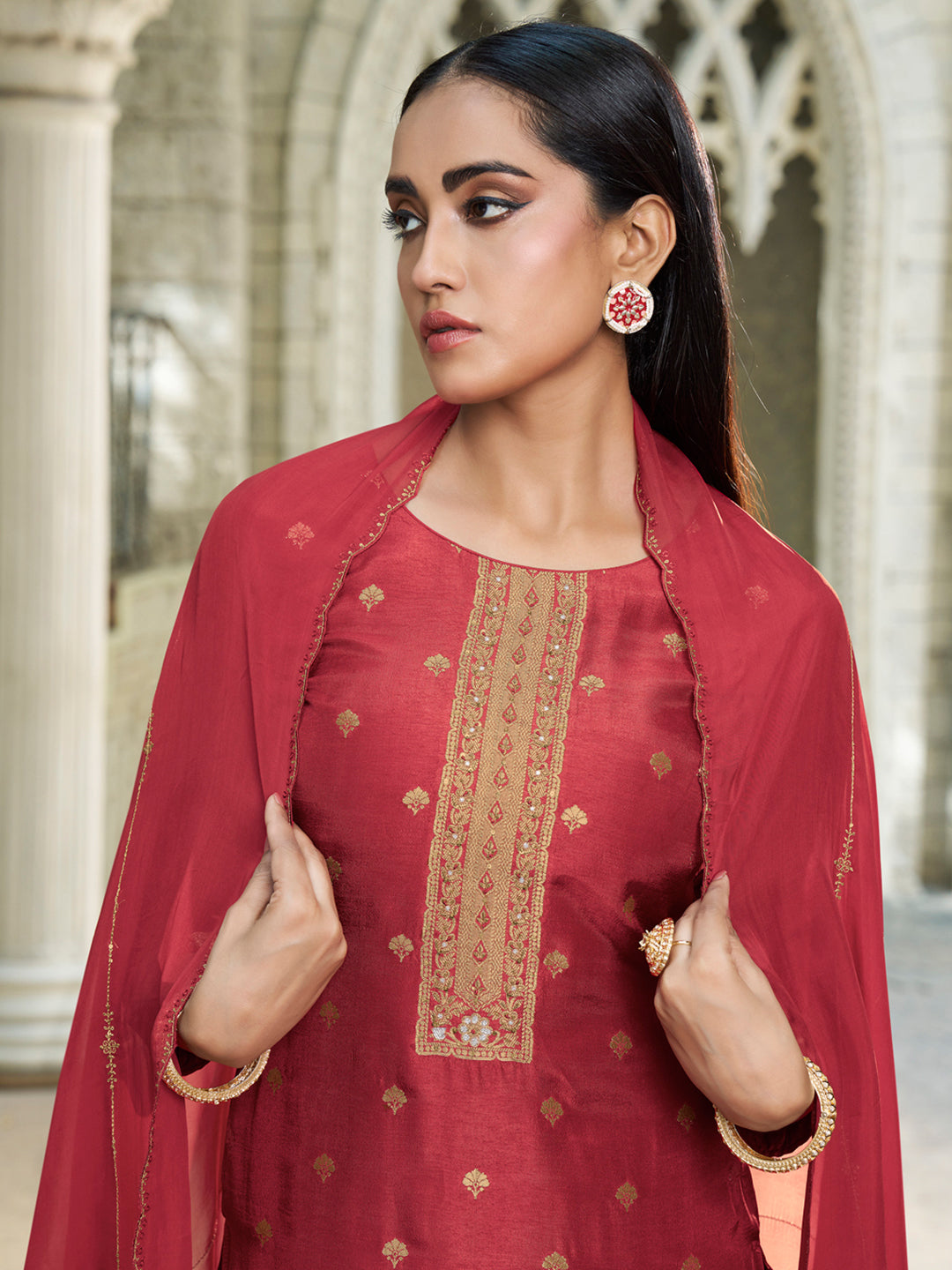 Scarlet Red Rose Exquisite Placement-Weaving Kurta Suit Set Product vendor