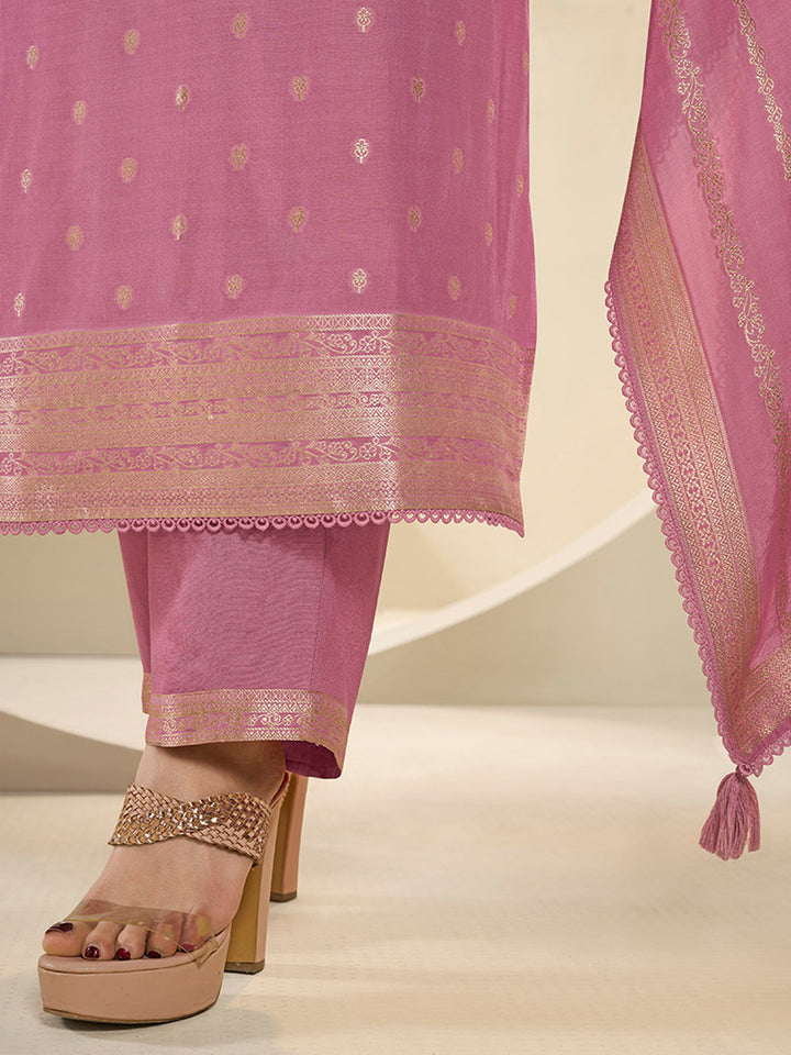 Light Pink Muslin Jacquard Kurta Suit Set with Champagne Thread Weave & Pencil Sketch Weave Yoke Product vendor