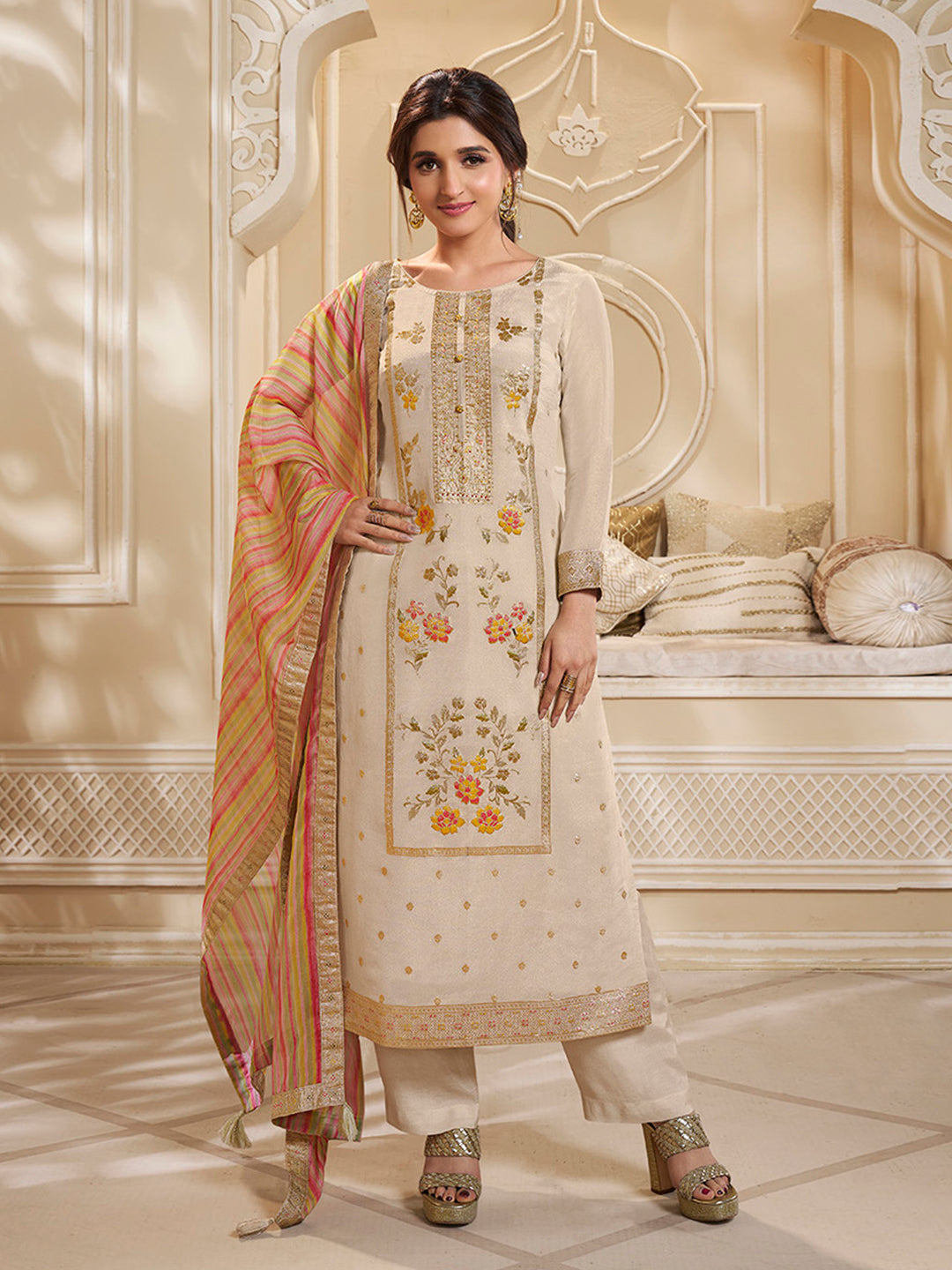 Cream Tissue Silk Meena Jacquard Designer Panel Work Kurta Suit Set Product vendor