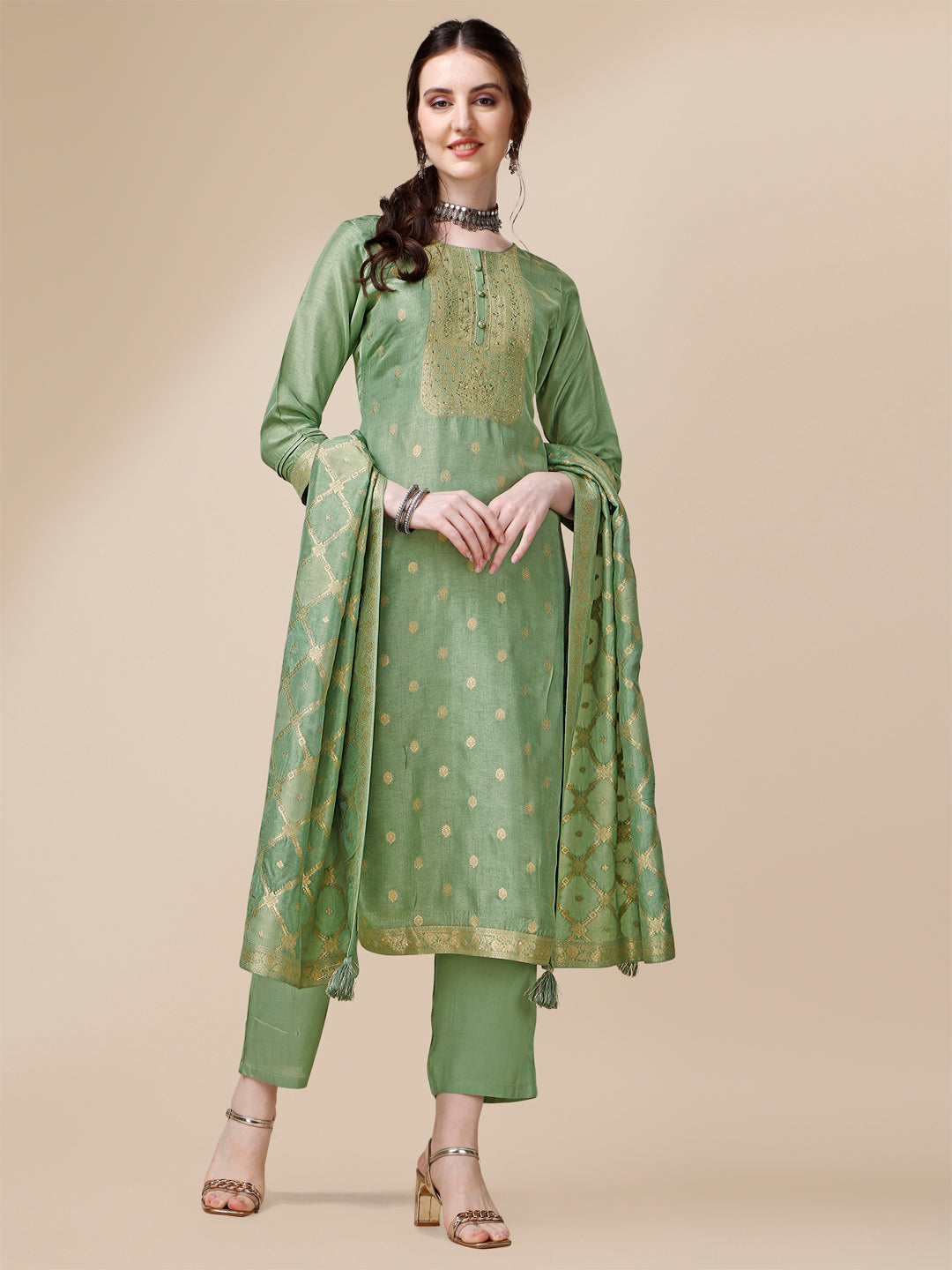 Green Jacquard Kurta Suit Set with Rangkat Dupatta Product vendor
