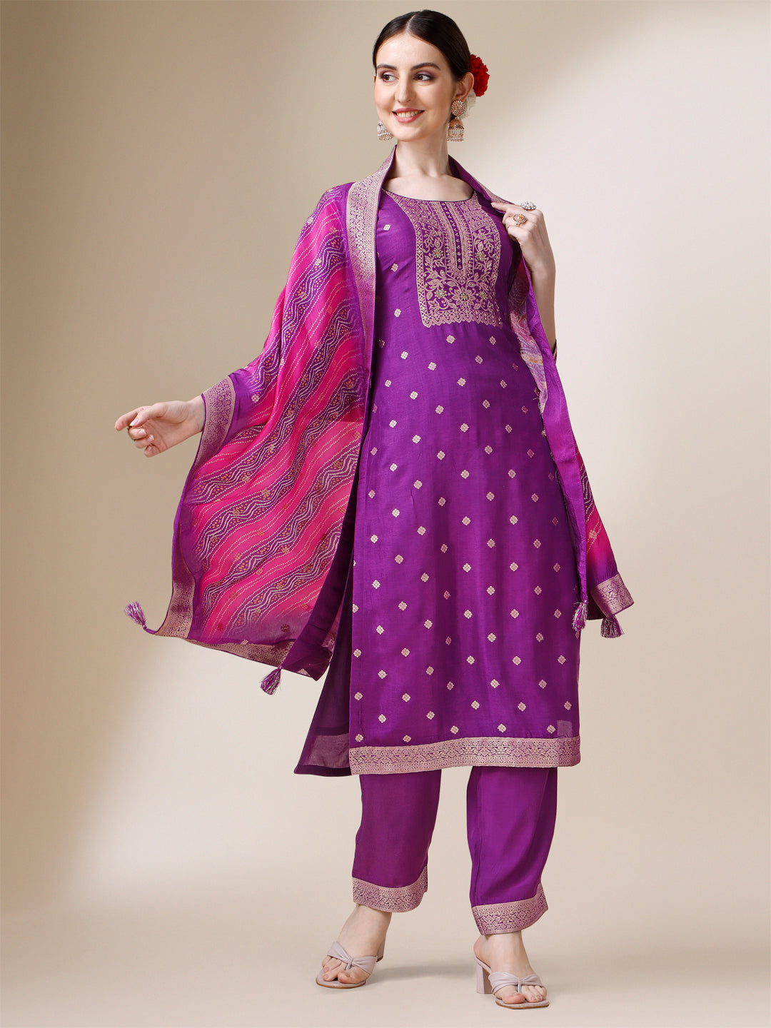 Purple Jacquard Kurta Suit Set with Bandhani Printed Dupatta Product vendor
