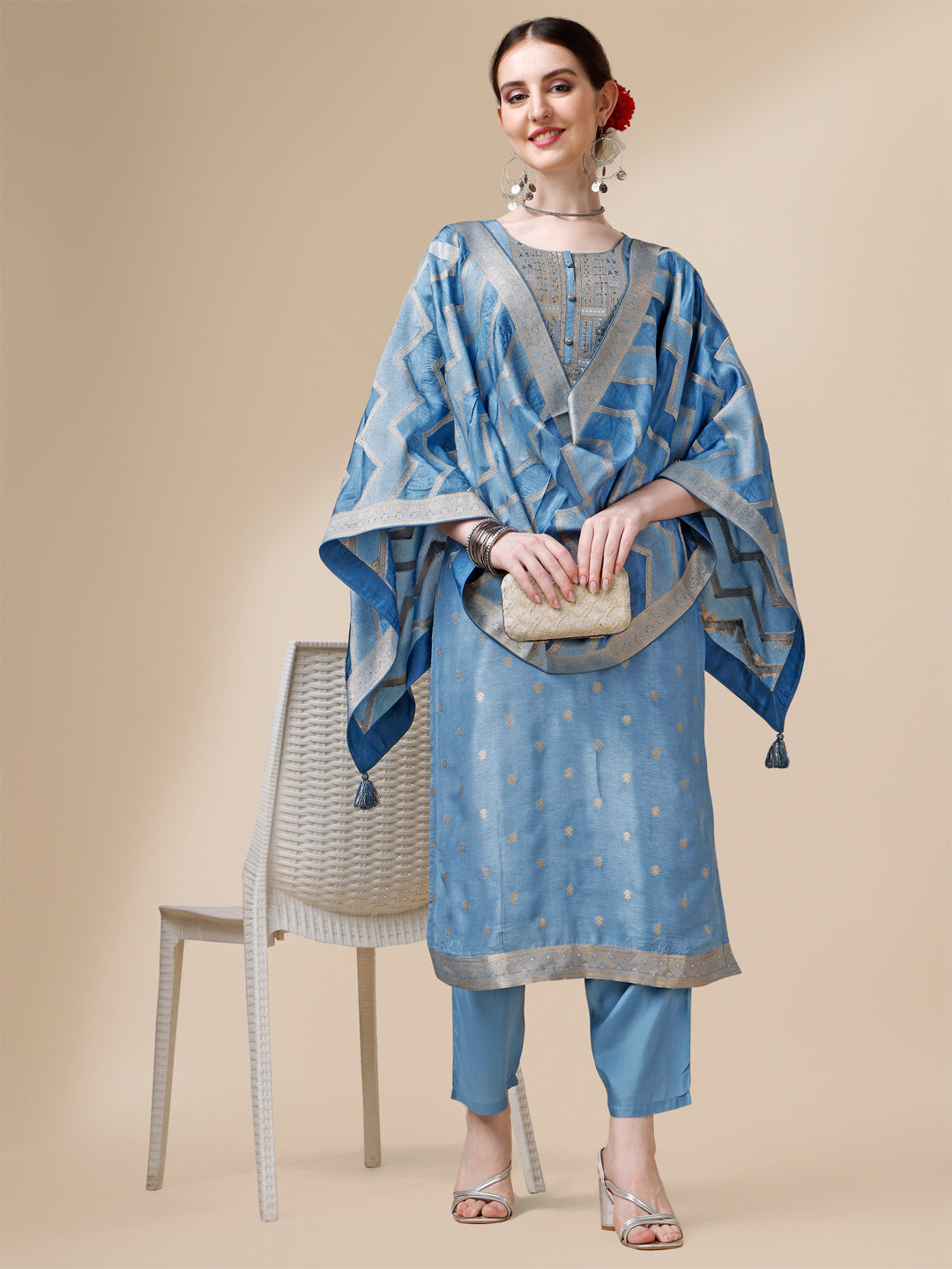 Blue Jackquard Kurta Suit Set with Rangkat Dupatta Product vendor
