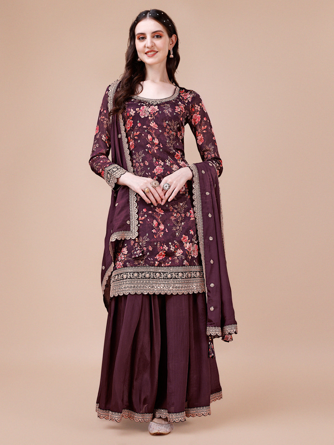 Wine Printed with Embroidered Sharara Suit Set Product vendor