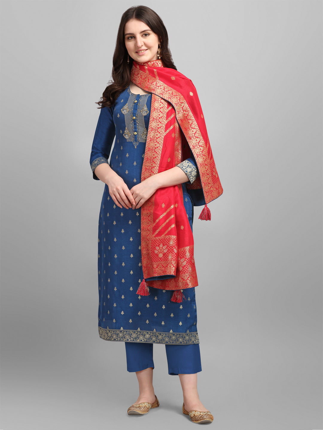 Blue Jacquard Contrast Dupatta Kurta Suit Set Product vendor