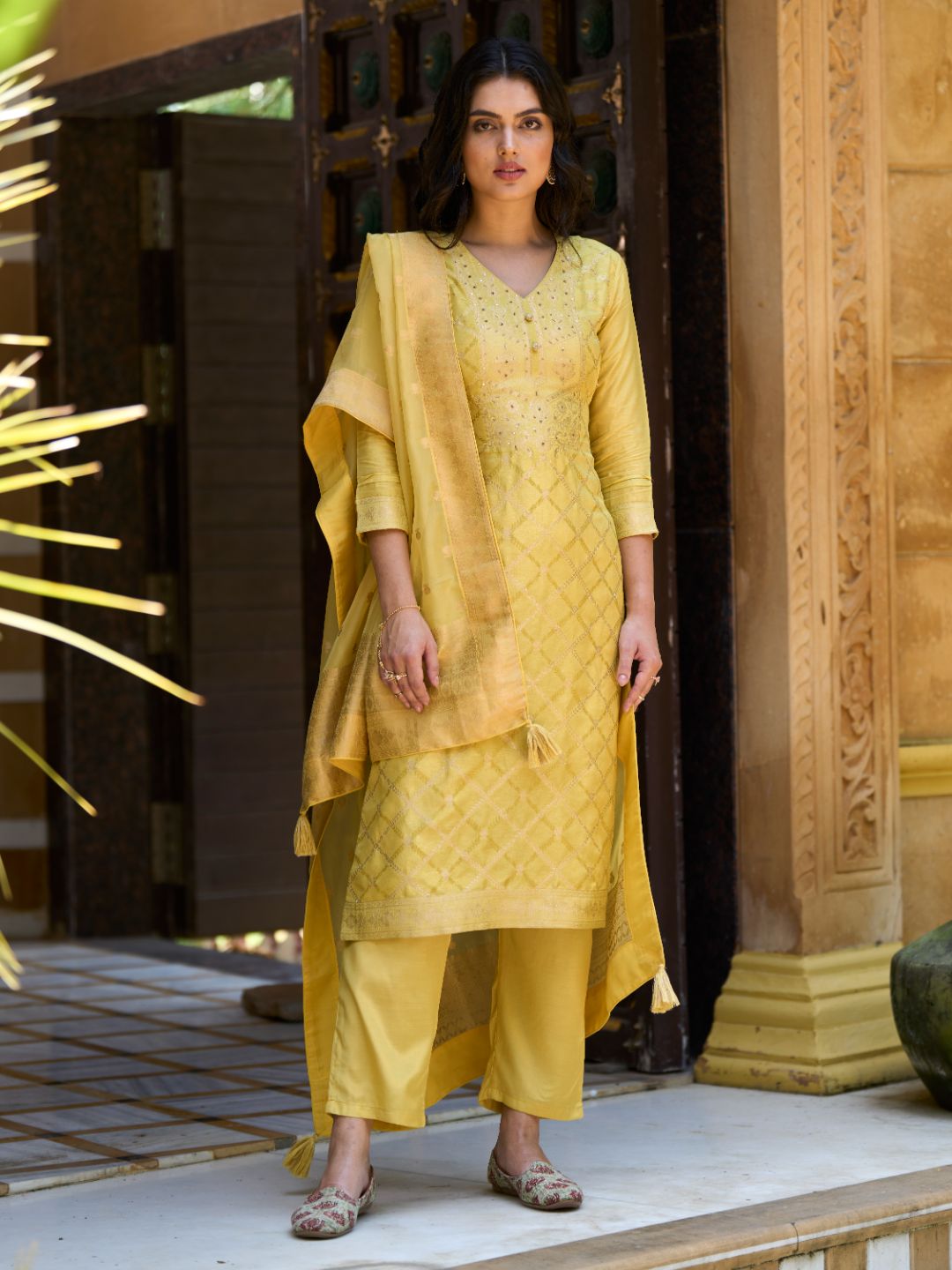 Amber Yellow Textured Jacquard Kurta Suit Set Product vendor