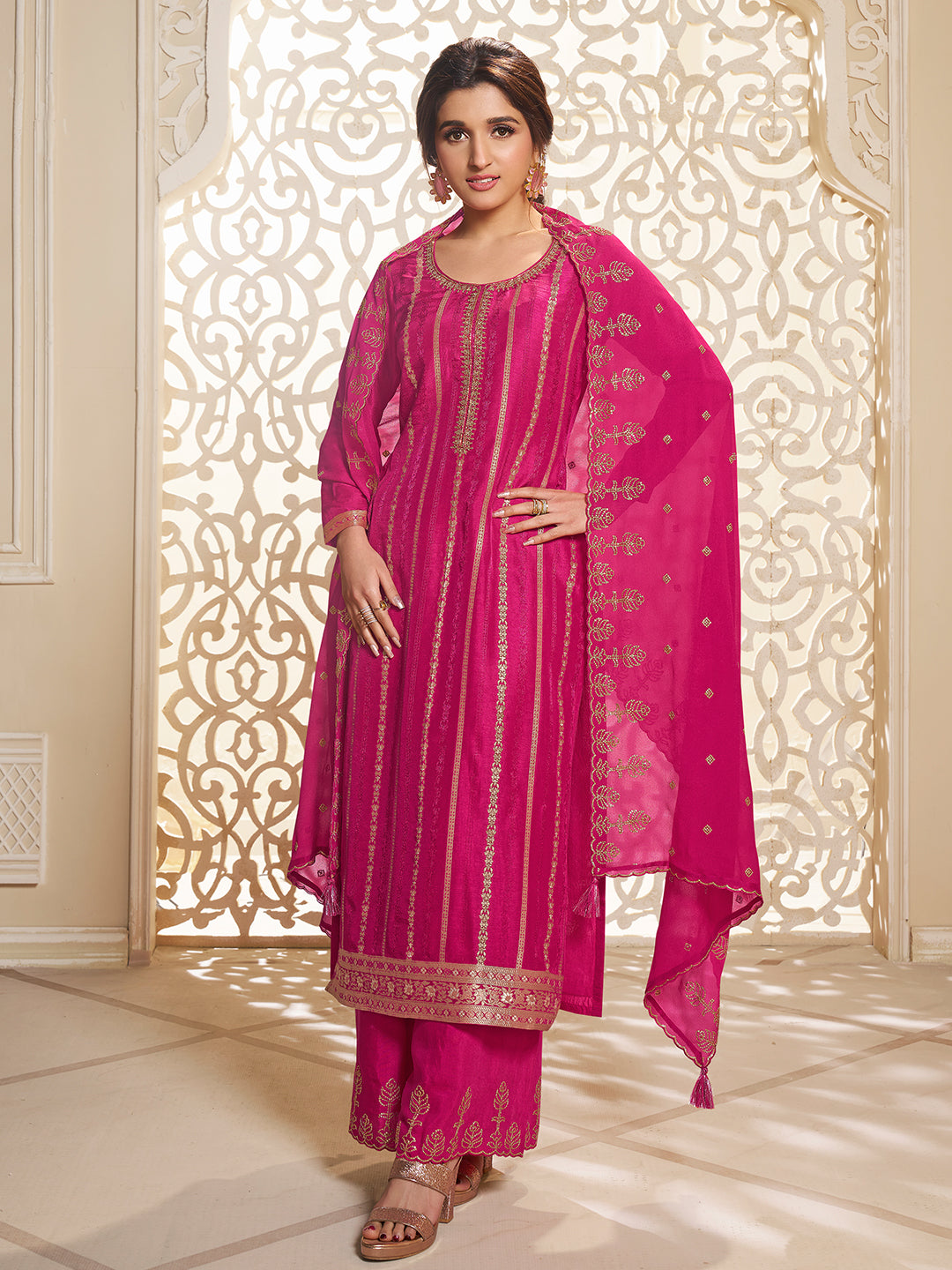 Hot Pink Dola Silk Palazzo Suit Set with Zari and Self Weave Jacquard Top Product vendor