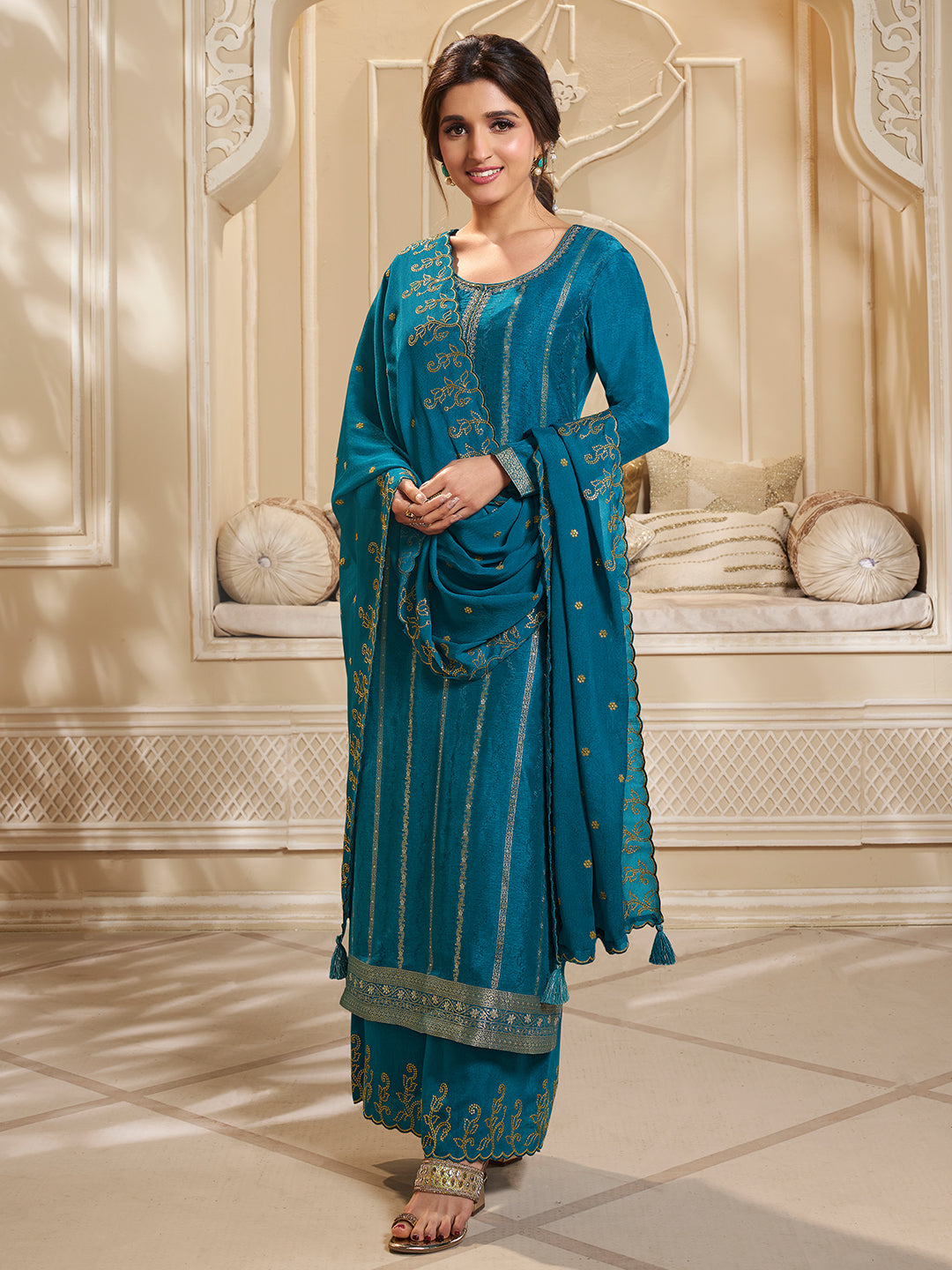 Blue Dola Silk Palazzo Suit Set with Zari and Self Weave Jacquard Top Product vendor