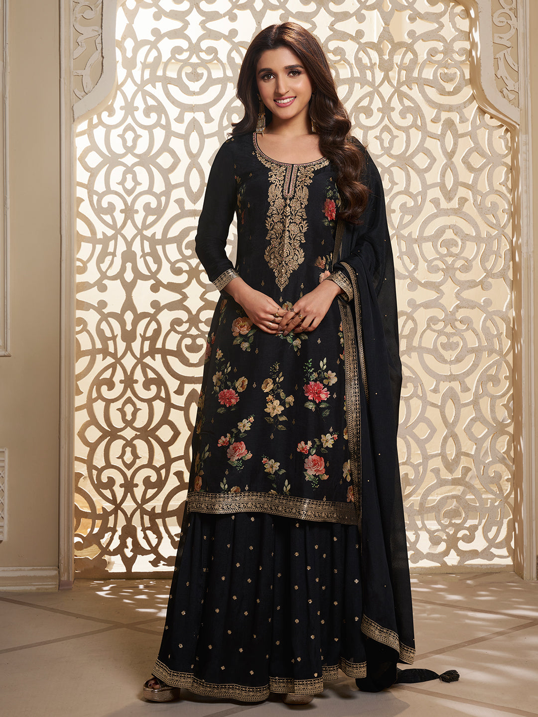 Black Dola Jacquard Digital Floral Printed Sharara Suit Set Product vendor