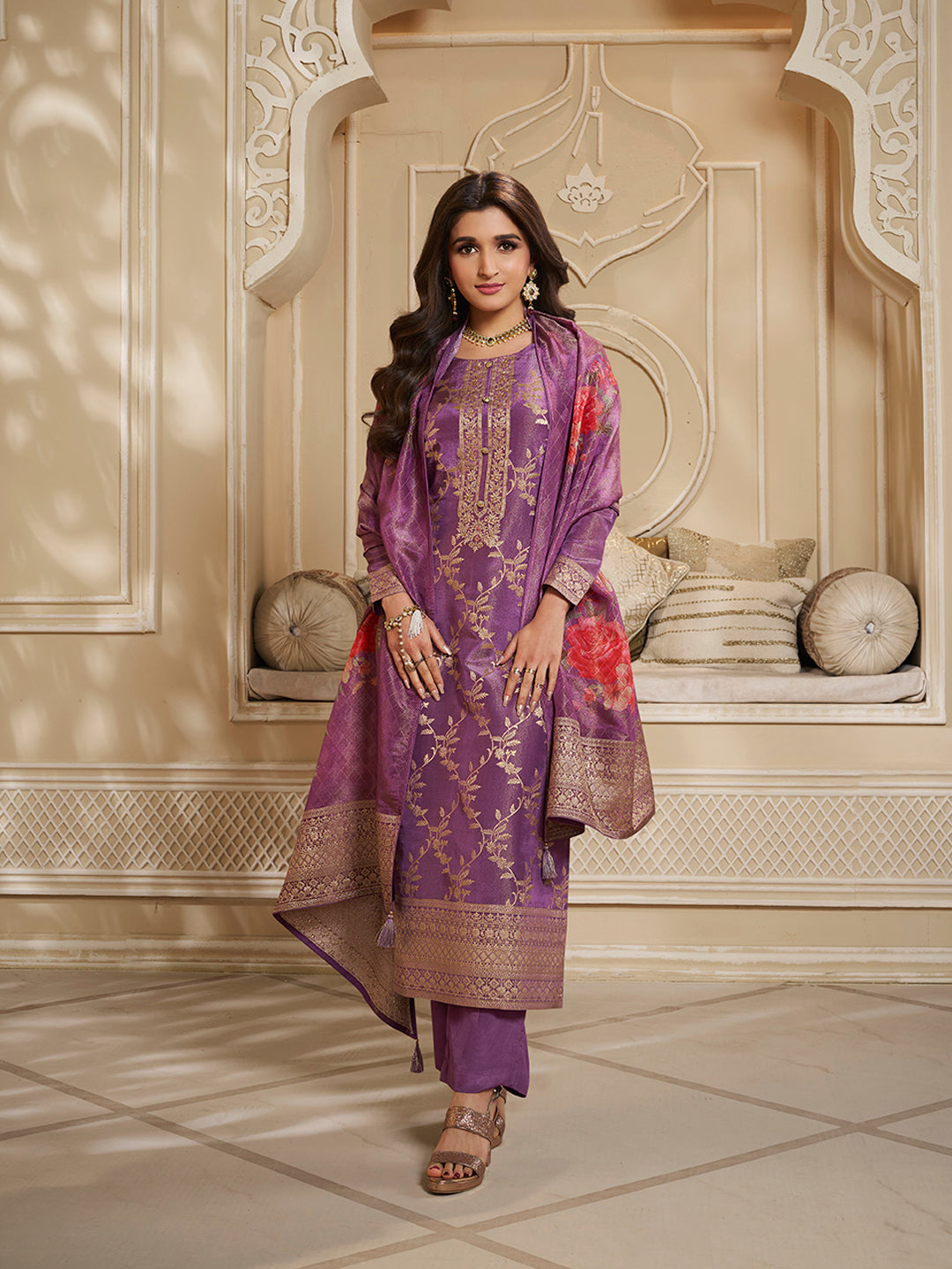 Purple Tissue Jacquard Kurta Suit Set with Jaal Pattern & Hand made Buttons Product vendor