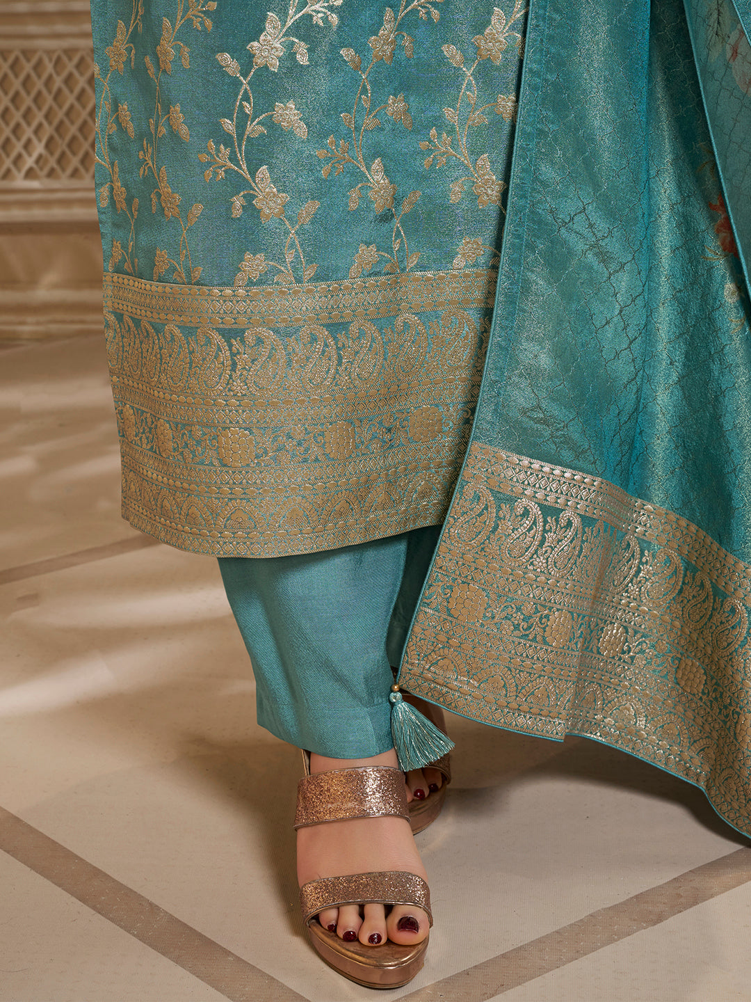 Turquoise Tissue Jacquard Kurta Suit Set with Jaal Pattern & Hand made Buttons Product vendor
