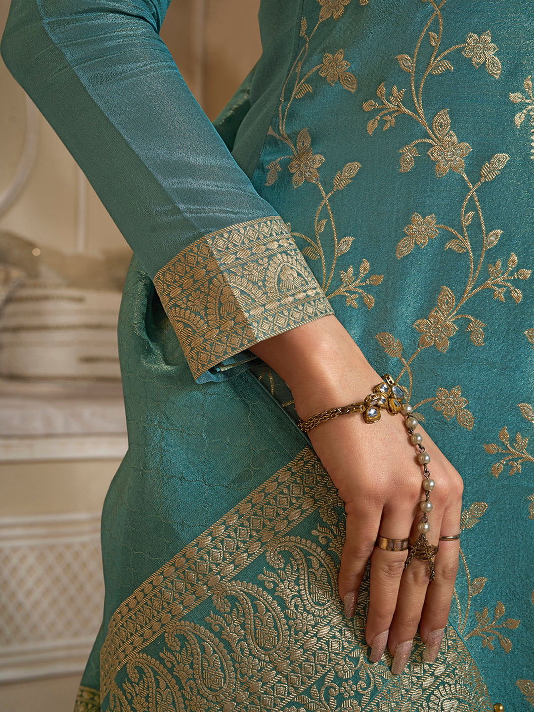 Turquoise Tissue Jacquard Kurta Suit Set with Jaal Pattern & Hand made Buttons Product vendor