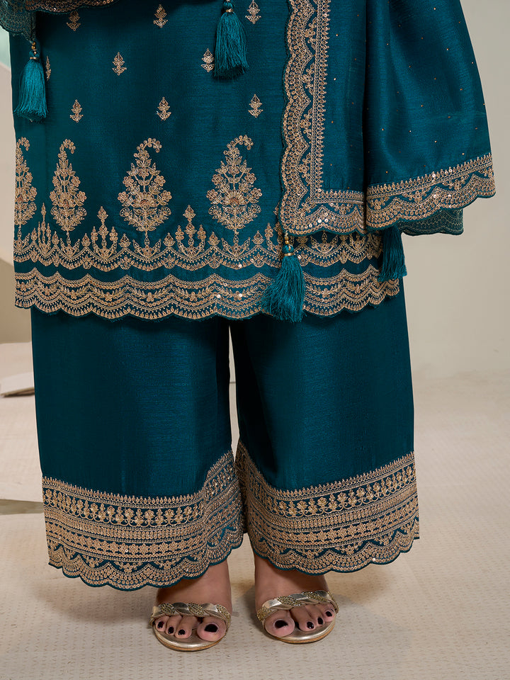 Dark Teal Blue Designer Top Adorned with Exquisite Embroidered Palazzo Suit Set Product vendor