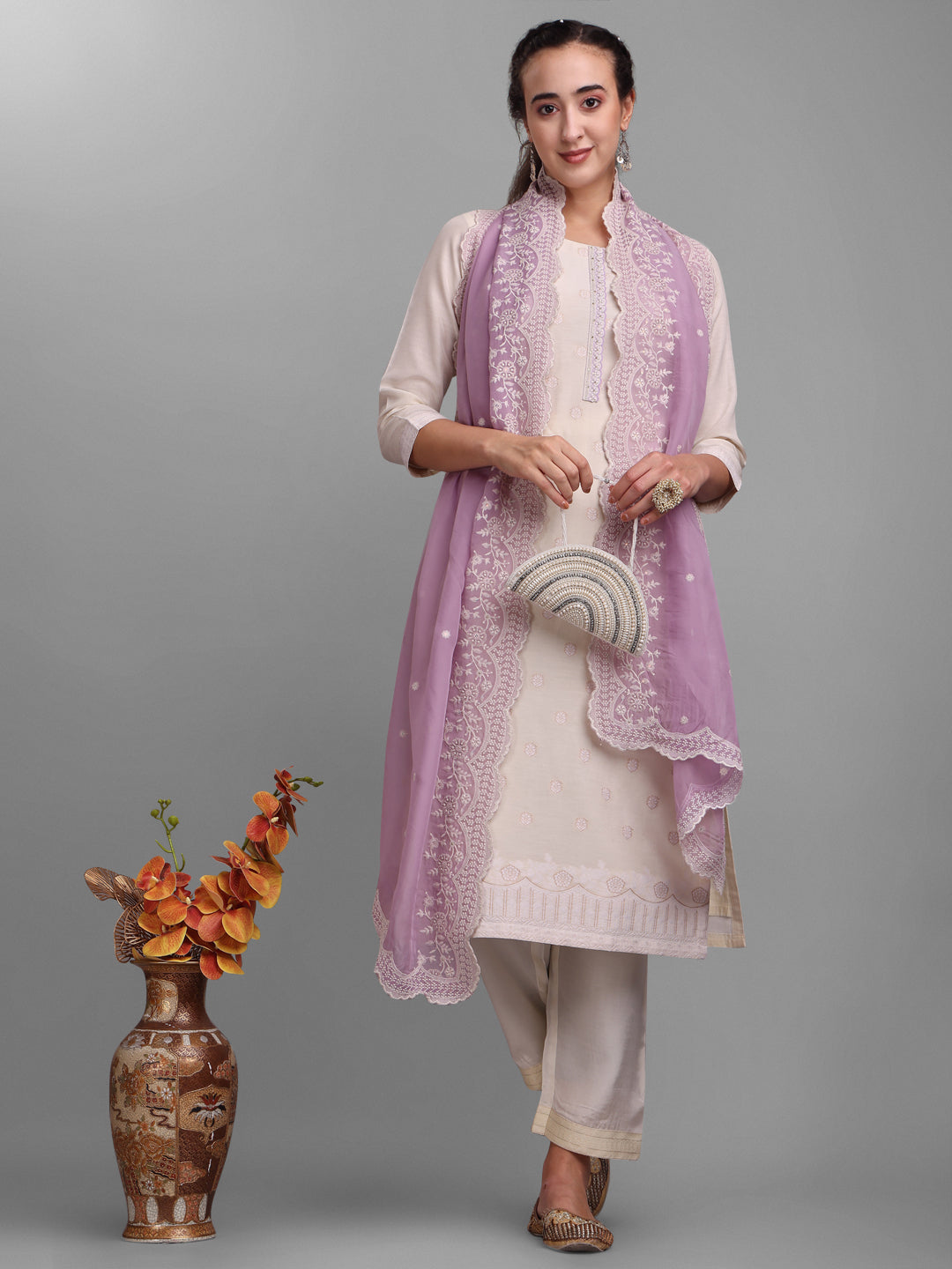 Cream-Coloured and Lavender Woven Design Kurta Suit Set Product vendor