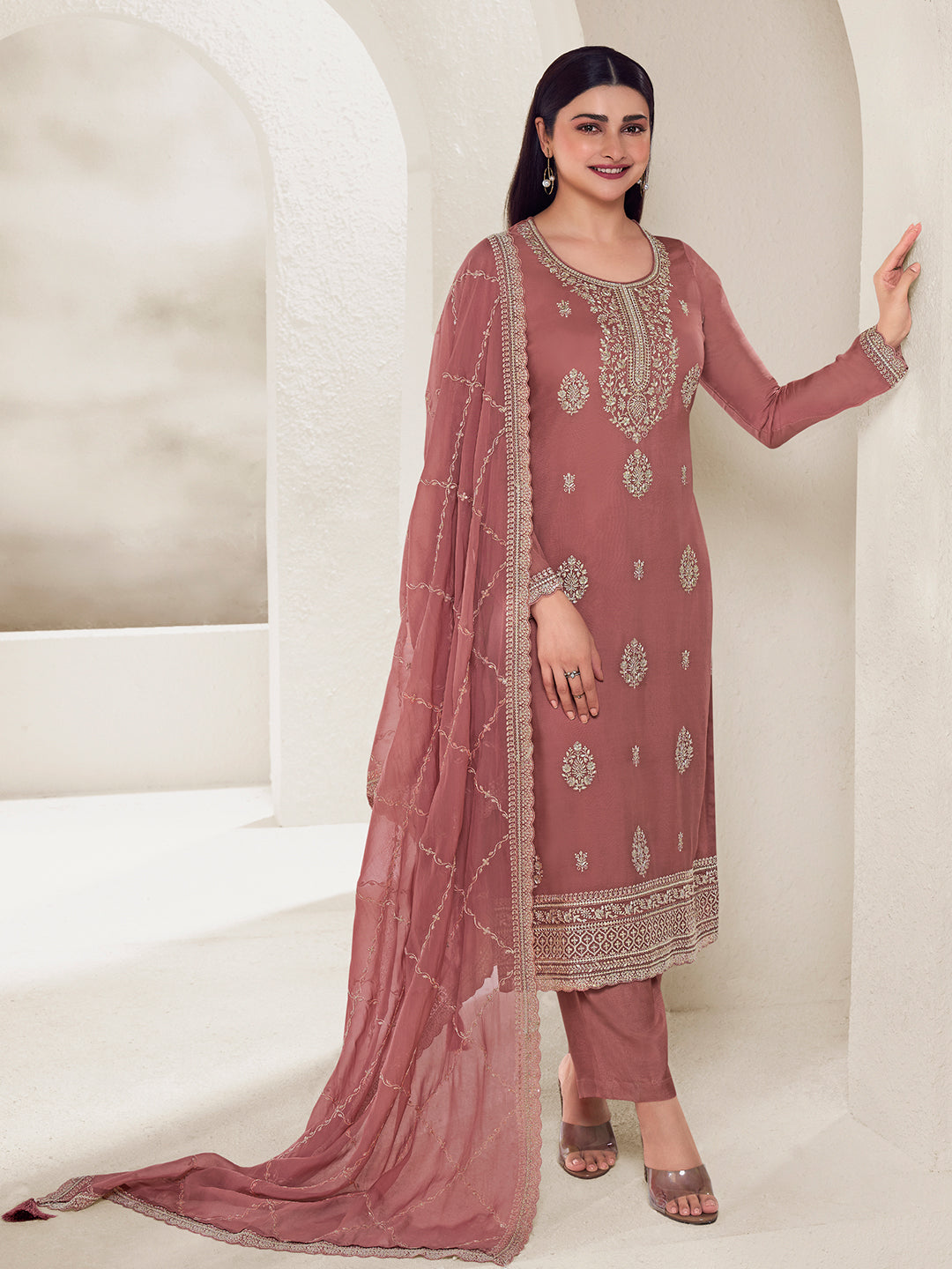 Metallic Peach Lucknowi Thread & Sequins Embroidery Kurta Suit Set Product vendor
