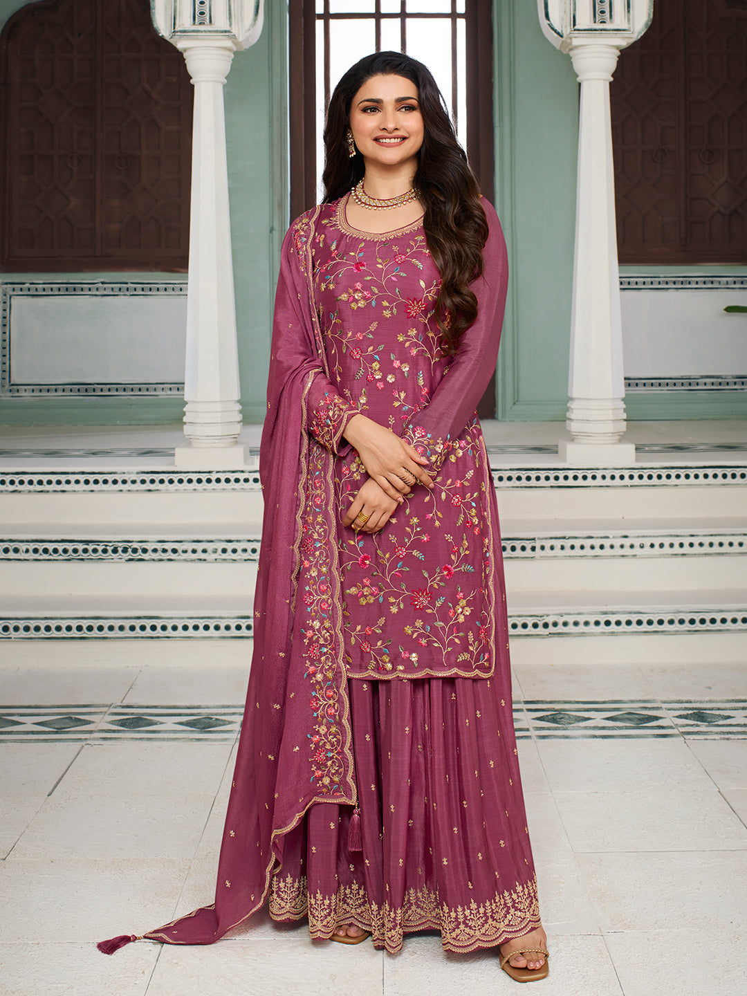 Dark Pink Multi Colour Floral Thread & Embroidered Sharara Suit Set Product vendor