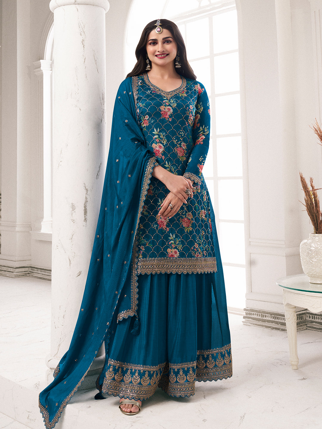 Sapphire Blue Digital Floral Printed Embroidered Sharara Suit Set Product vendor