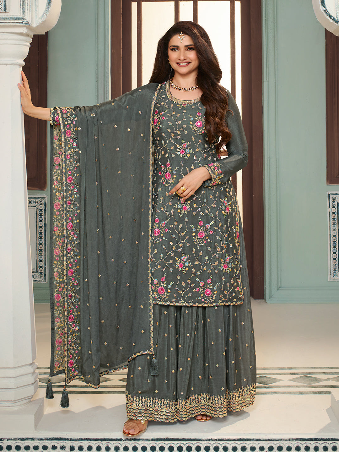 Grey Multi Colour Floral Thread & Embroidered Sharara Suit Set Product vendor
