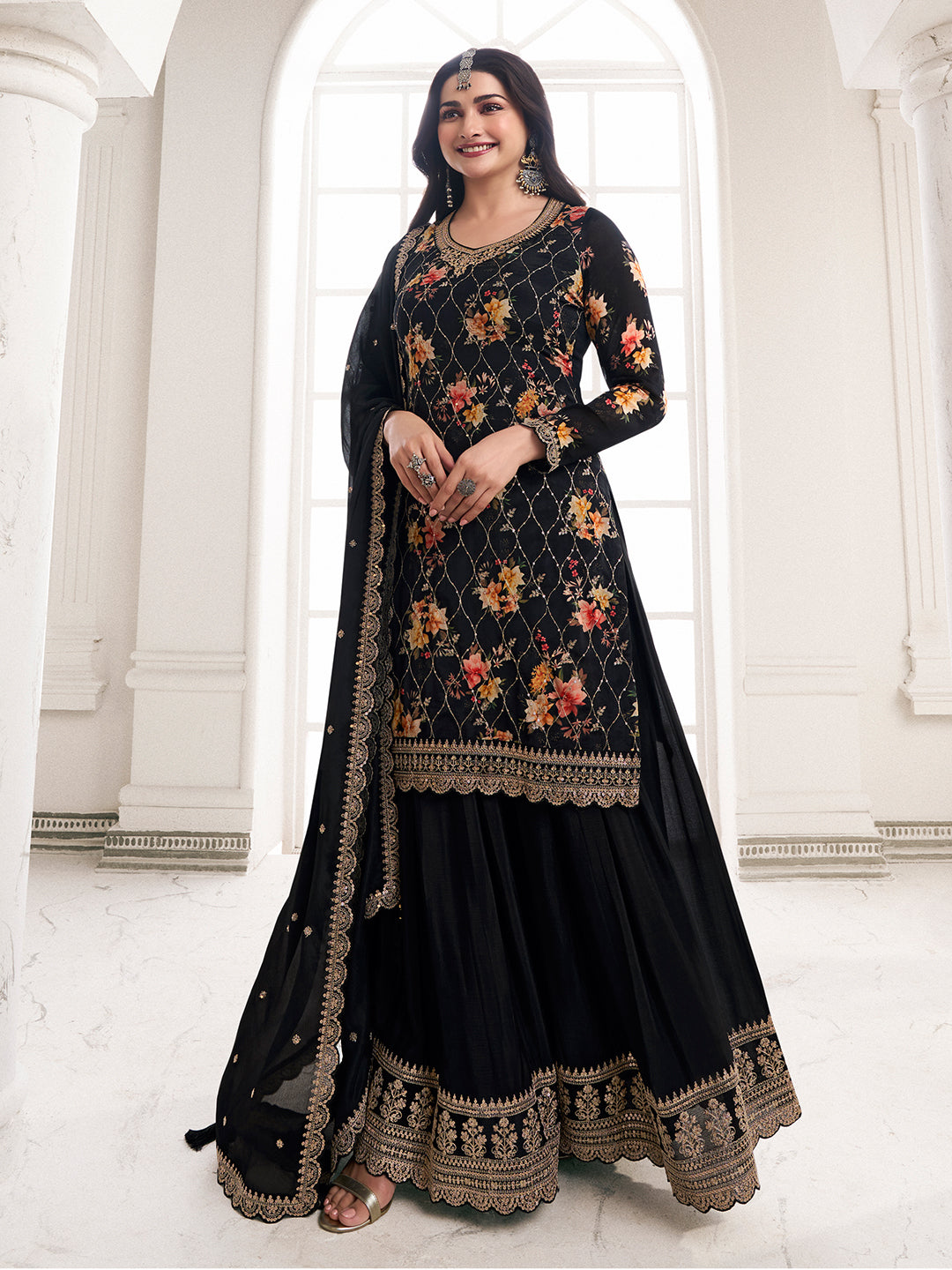 Black Digital Floral Printed Embroidered Sharara Suit Set Product vendor