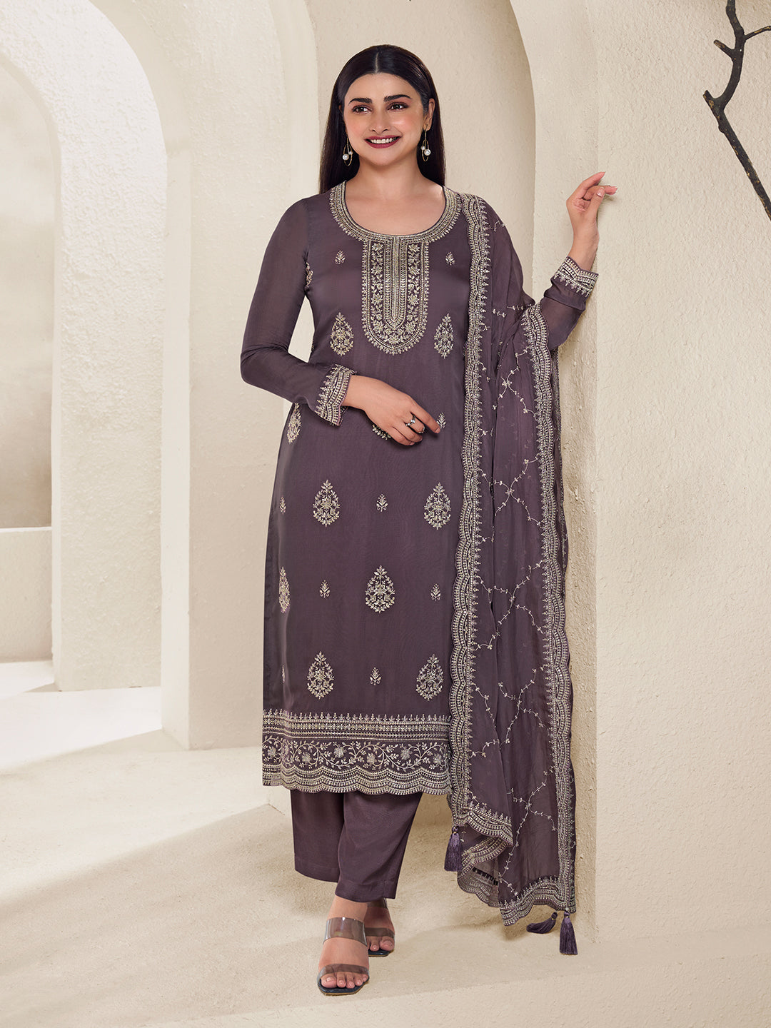 Dark Purple Lucknowi Thread & Sequins Embroidery Kurta Suit Set Product vendor