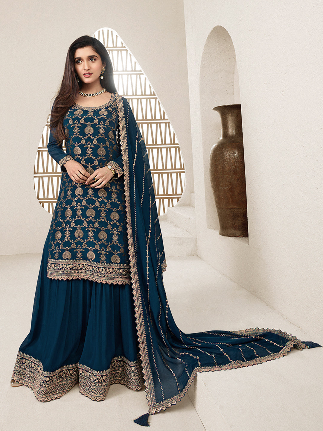 Dark Teal Jacquard with Embroidery Sharara Suit Set Product vendor