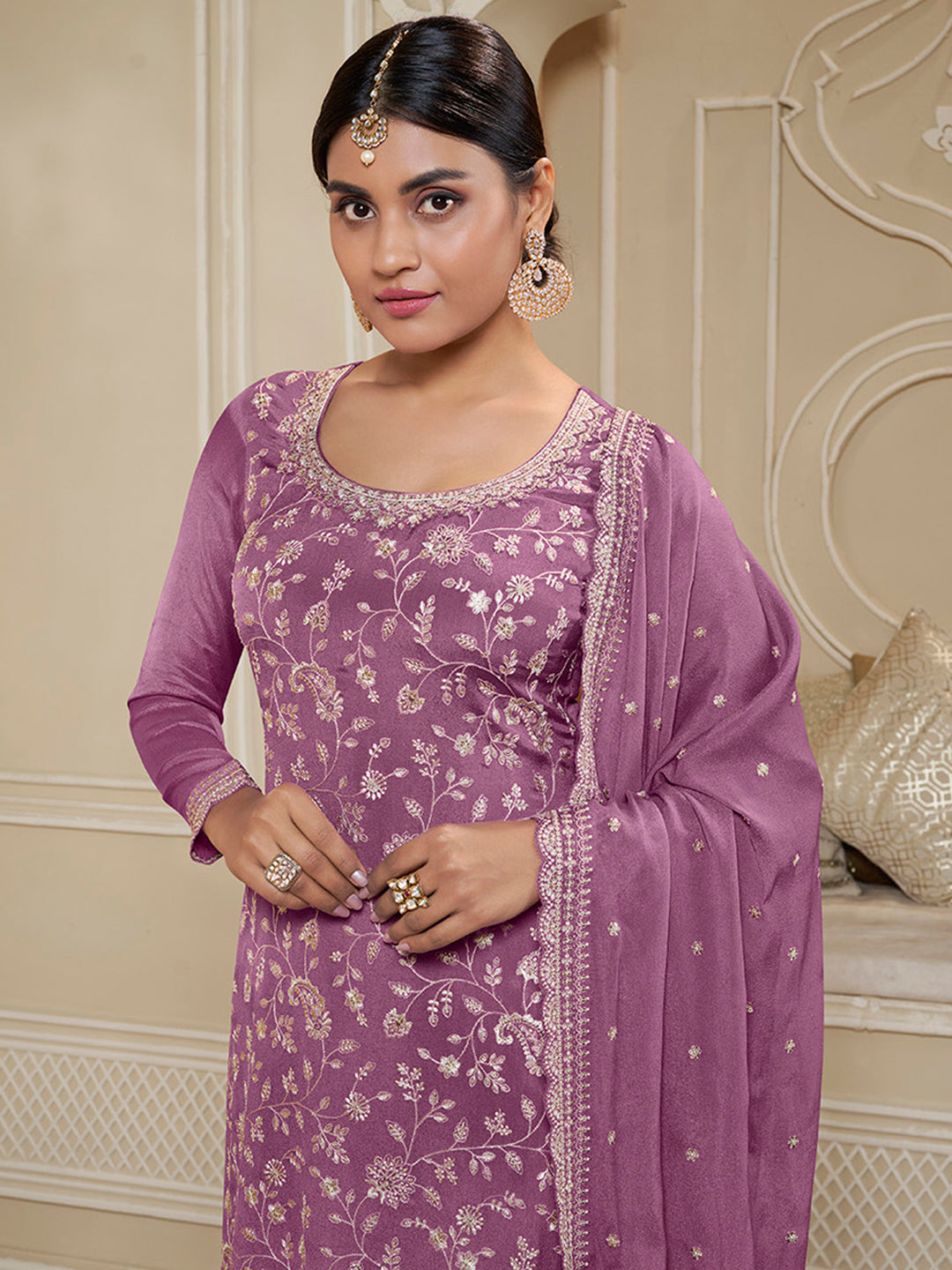 Twilight lavender Floral Pattern, Thread & Sequins Embroidered Sharara Suit Set Product vendor