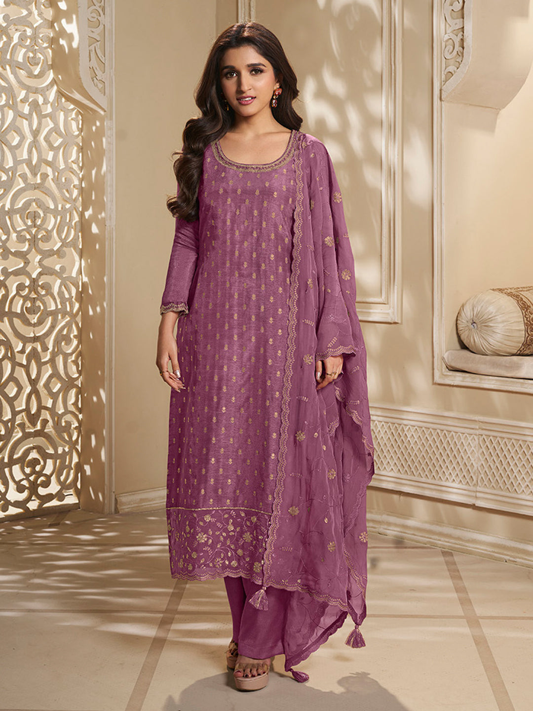 Light plum Dola Jacquard Kurta Suit Set with Embroidered with Thread & Sequins Work Product vendor