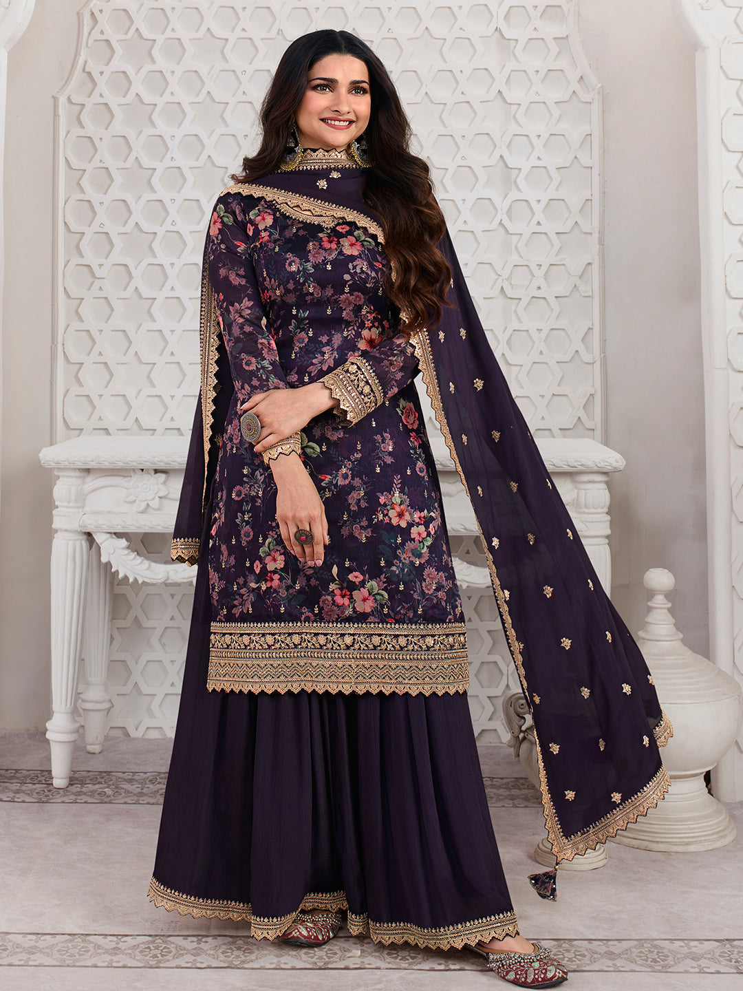 Violet Printed with Embroidered Sharara Suit Set Product vendor