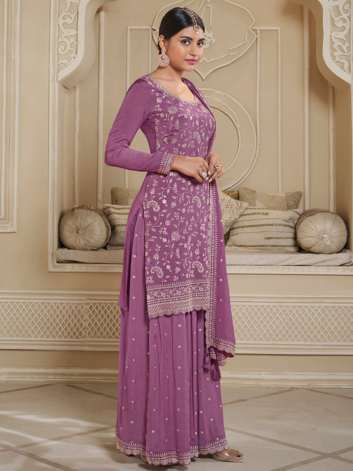Twilight lavender Floral Pattern, Thread & Sequins Embroidered Sharara Suit Set Product vendor