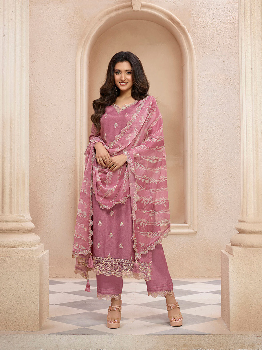 Dusty Rose Cutwork Neckline Dola Silk  Kurta Suit Set  with Lehariya Print Dupatta Product vendor