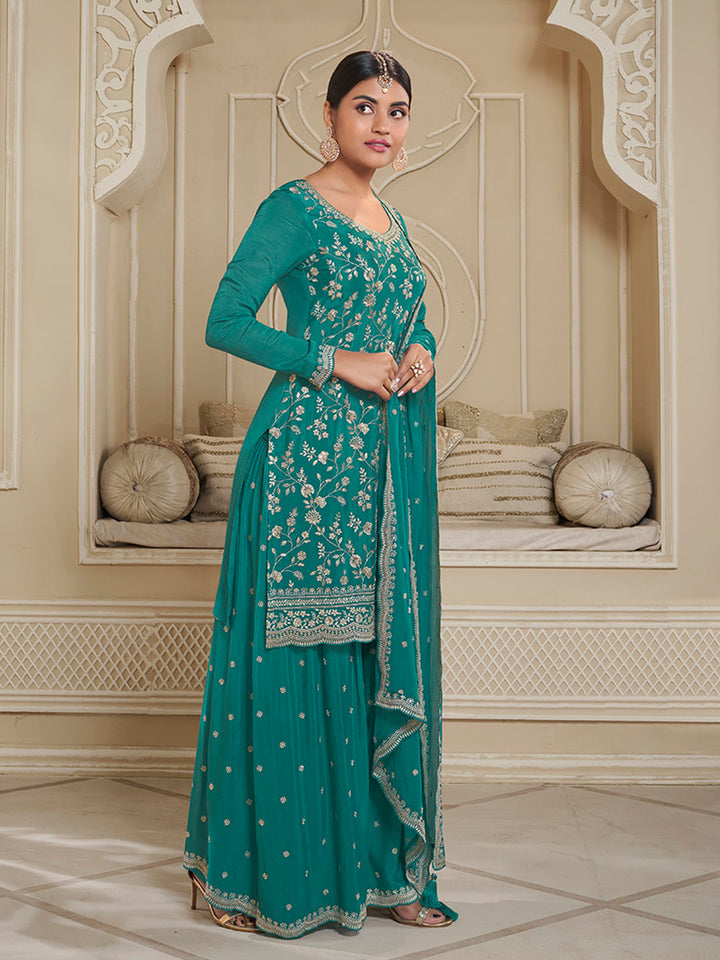 Turqouise Floral Pattern, Thread & Sequins Embroidered Sharara Suit Set Product vendor
