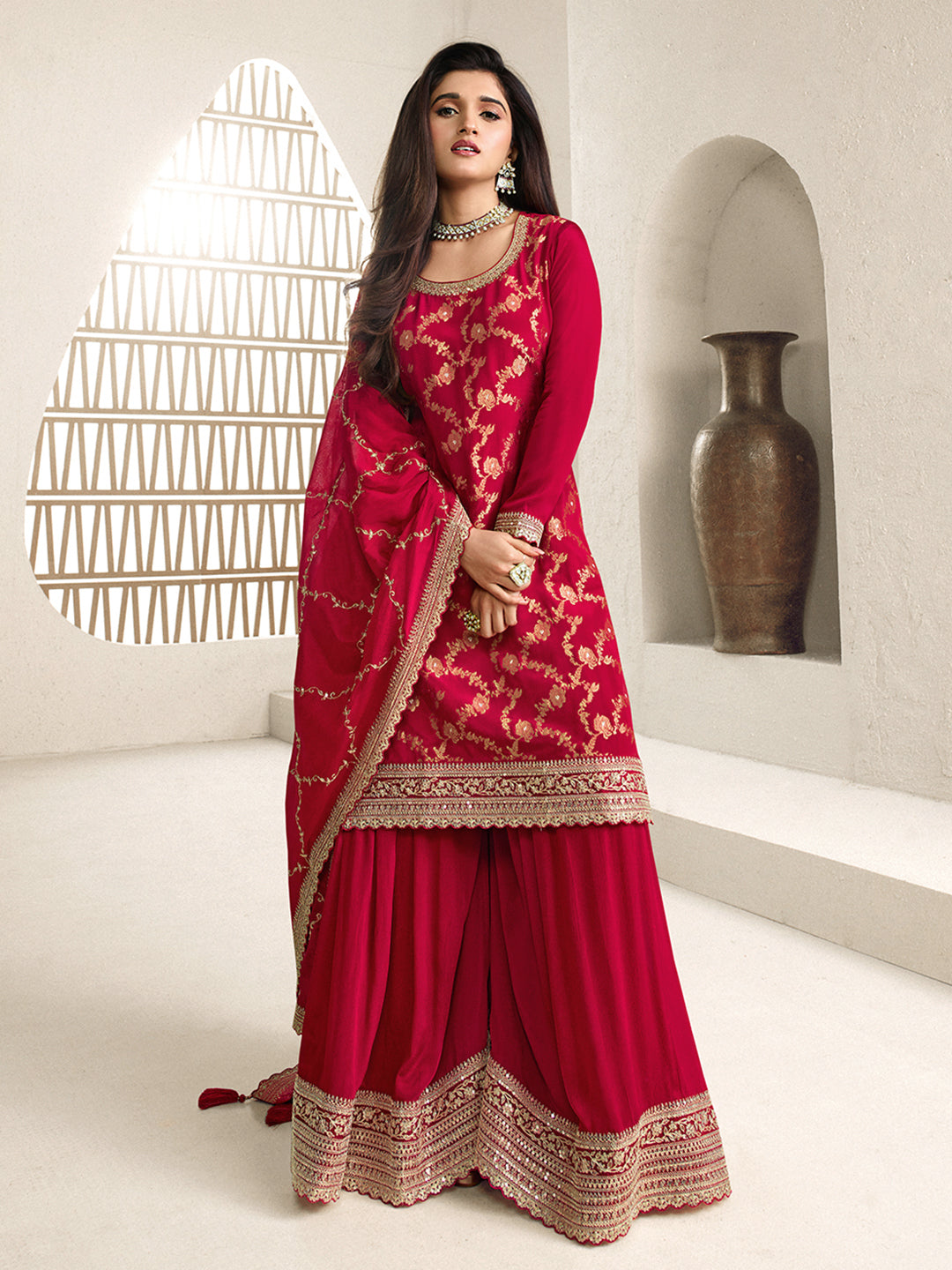 Red Jacquard with Embroidery Sharara Suit Set Product vendor