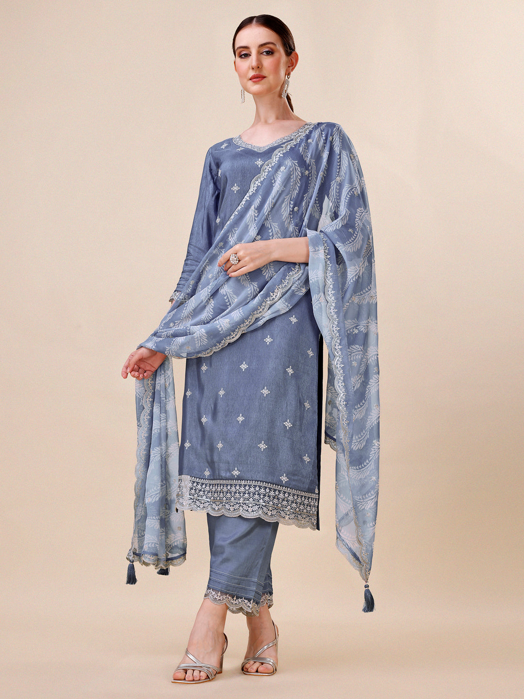 Mist Blue Embroidered Neckline Dola Silk Kurta Suit Set with Lehariya Print Dupatta Product vendor