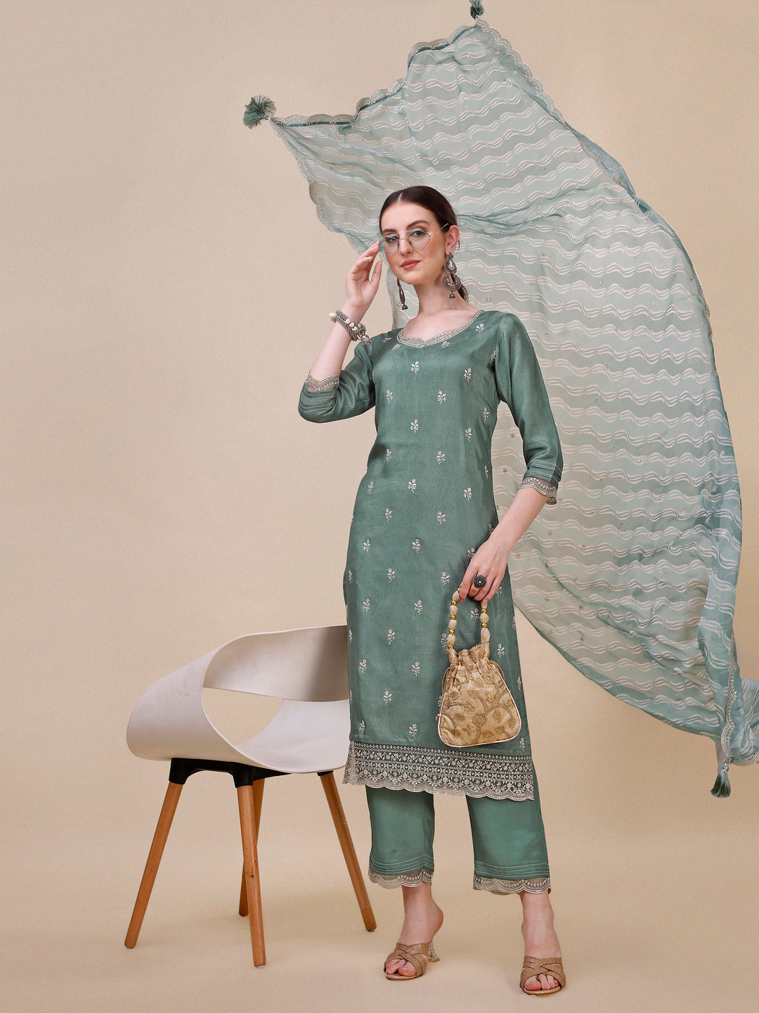 Pastel Olive Green Cutwork Neckline Dola Silk Kurta Suit Set with Lehariya Print Dupatta Product vendor